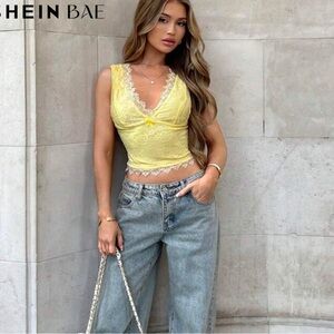 SHEIN Yellow Lace V-Neck Top